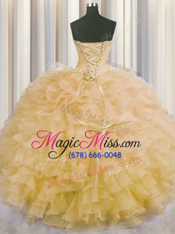 wholesale modern sleeveless organza floor length lace up quinceanera gowns in champagne for with beading and ruffles
