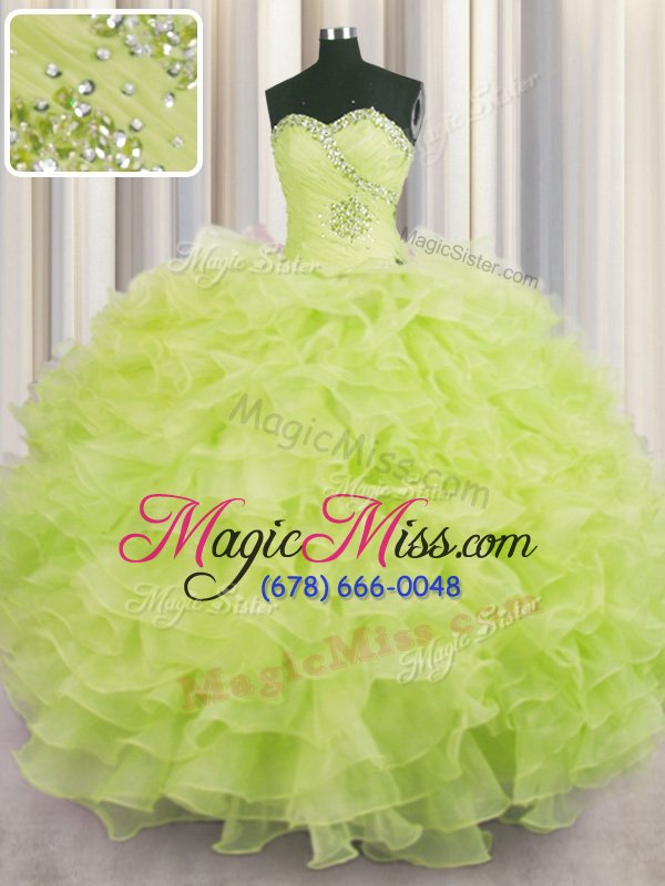 wholesale glorious organza sweetheart sleeveless lace up beading and ruffles quinceanera gowns in yellow green