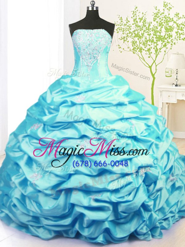 wholesale artistic aqua blue lace up quinceanera gown beading and pick ups sleeveless with train sweep train