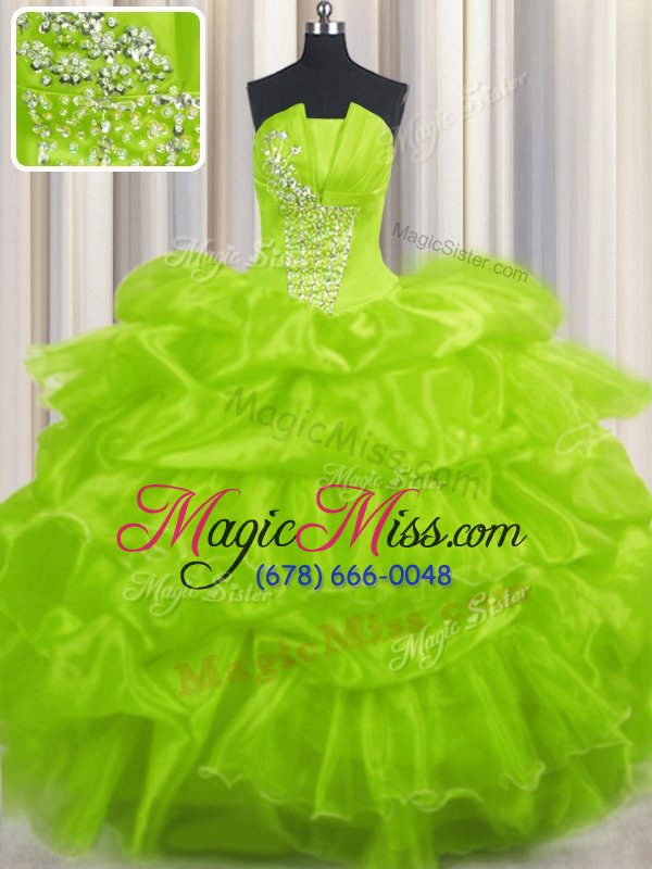 wholesale spectacular pick ups yellow green sleeveless organza lace up quince ball gowns for military ball and sweet 16 and quinceanera
