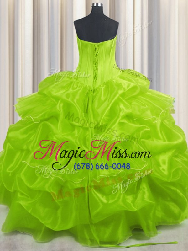wholesale spectacular pick ups yellow green sleeveless organza lace up quince ball gowns for military ball and sweet 16 and quinceanera
