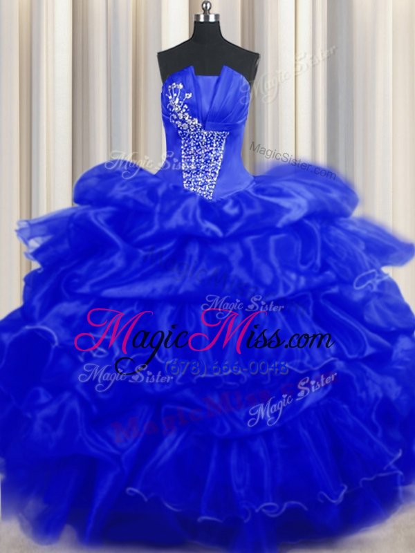 wholesale royal blue sleeveless beading and ruffles and pick ups floor length 15th birthday dress