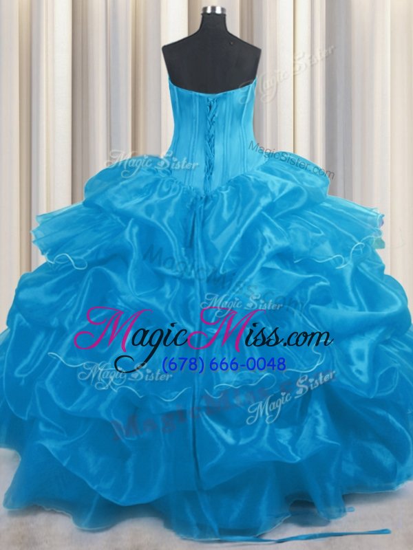wholesale pretty baby blue strapless neckline beading and ruffles and pick ups quince ball gowns sleeveless lace up