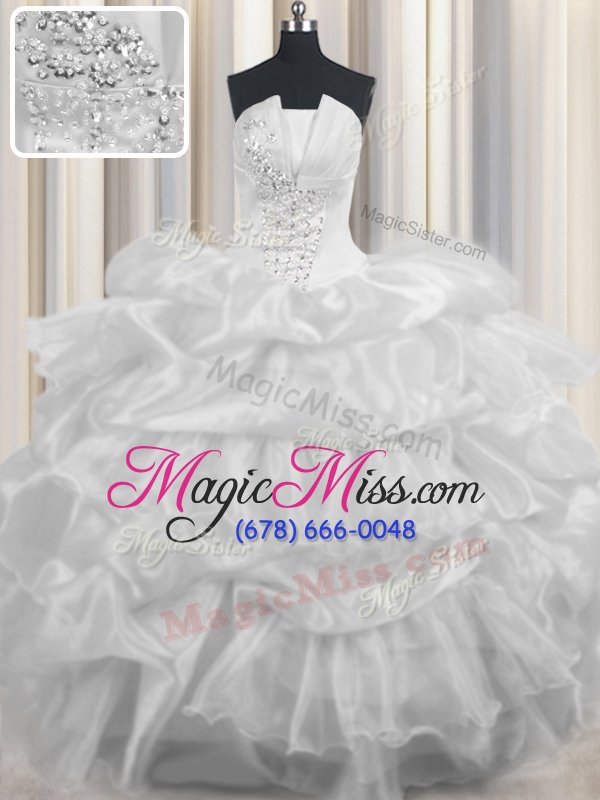 wholesale gorgeous strapless sleeveless 15 quinceanera dress floor length beading and ruffled layers and pick ups white organza