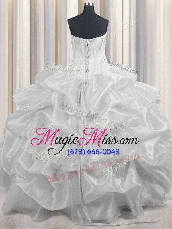 wholesale gorgeous strapless sleeveless 15 quinceanera dress floor length beading and ruffled layers and pick ups white organza