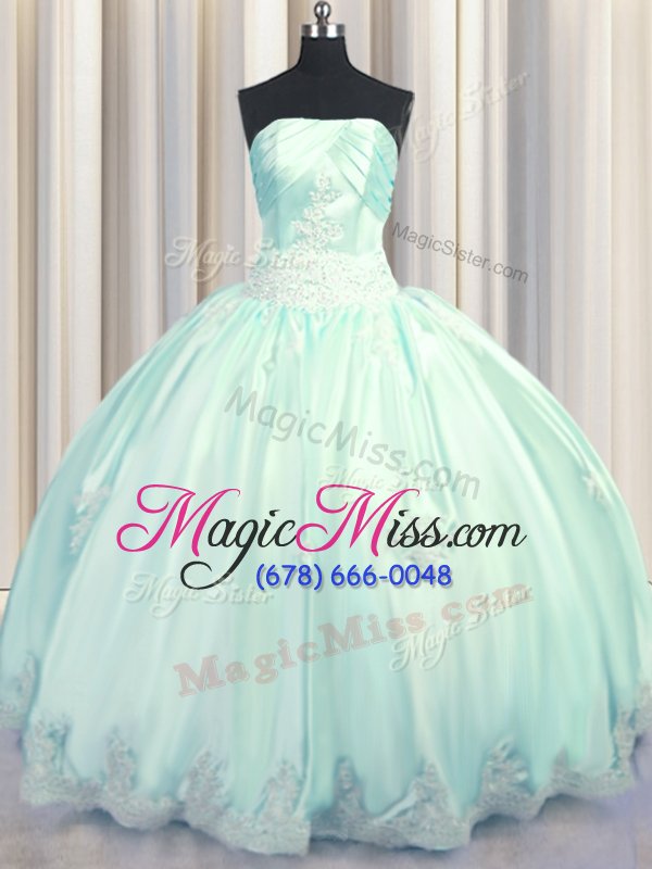 wholesale comfortable apple green and light blue ball gowns strapless sleeveless taffeta floor length lace up beading and appliques quinceanera gown