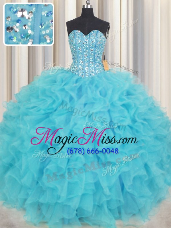 wholesale romantic visible boning baby blue ball gowns beading and ruffles quinceanera dresses lace up organza sleeveless floor length