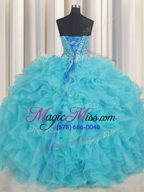 wholesale romantic visible boning baby blue ball gowns beading and ruffles quinceanera dresses lace up organza sleeveless floor length