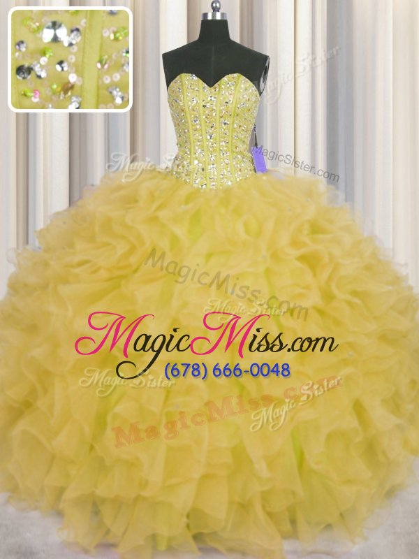 wholesale visible boning sleeveless organza floor length lace up ball gown prom dress in yellow for with beading and ruffles and sashes|ribbons