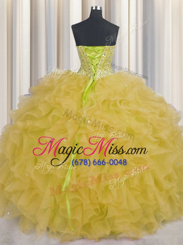 wholesale visible boning sleeveless organza floor length lace up ball gown prom dress in yellow for with beading and ruffles and sashes|ribbons