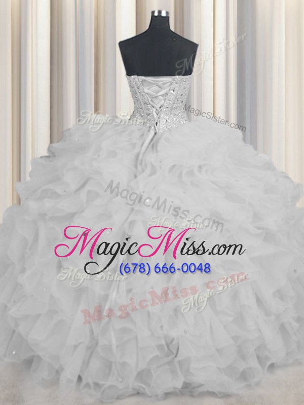 wholesale exceptional visible boning white sleeveless floor length beading and ruffles and sashes|ribbons lace up sweet 16 quinceanera dress