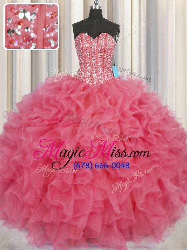 wholesale dramatic visible boning ball gowns quinceanera gowns coral red sweetheart organza sleeveless floor length lace up