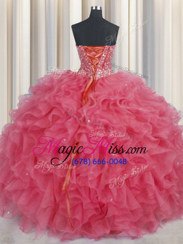 wholesale dramatic visible boning ball gowns quinceanera gowns coral red sweetheart organza sleeveless floor length lace up