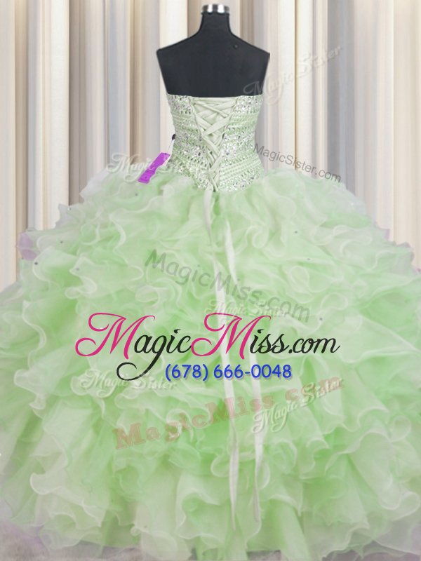 wholesale fancy beading and ruffles sweet 16 dress green lace up sleeveless floor length
