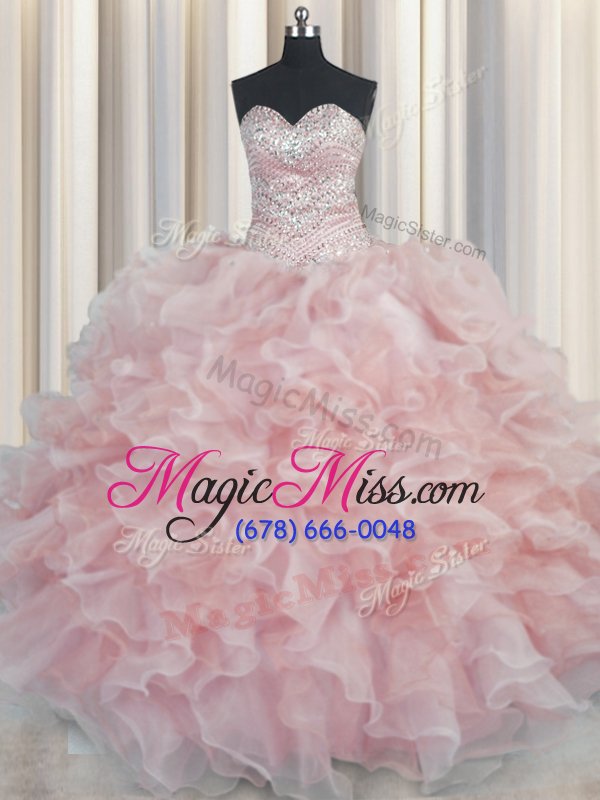 wholesale dynamic bling-bling pink organza lace up quinceanera gown sleeveless floor length beading and ruffles