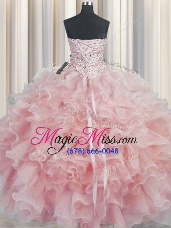 wholesale dynamic bling-bling pink organza lace up quinceanera gown sleeveless floor length beading and ruffles