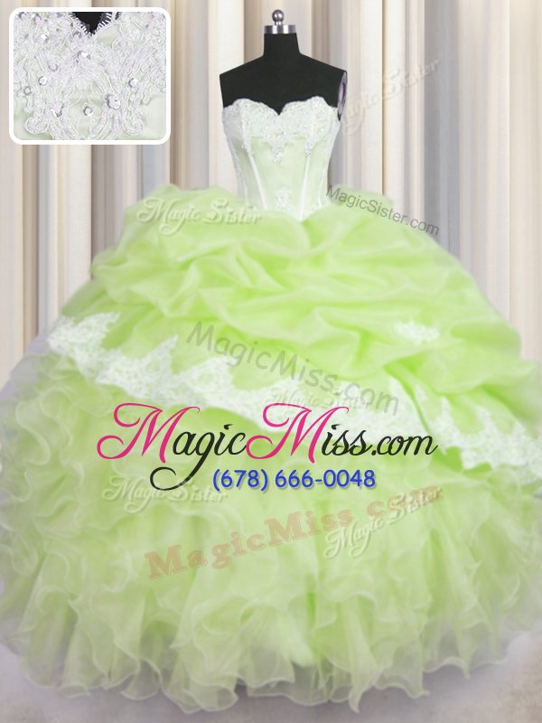wholesale pick ups sweetheart sleeveless lace up quinceanera gown yellow green organza