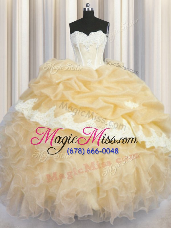 wholesale champagne ball gowns organza sweetheart sleeveless beading and appliques and ruffles and pick ups floor length lace up sweet 16 quinceanera dress