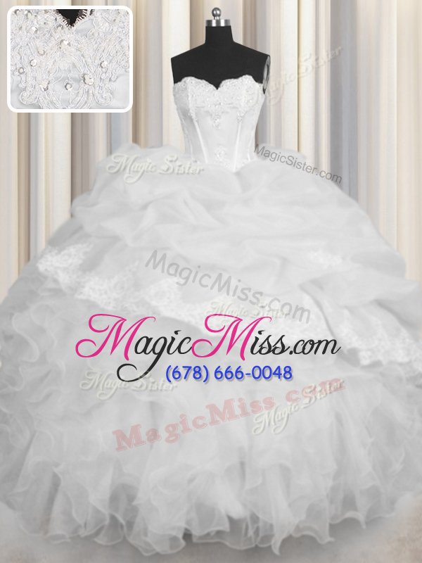 wholesale discount white ball gowns organza sweetheart sleeveless beading and appliques and ruffles and pick ups floor length lace up vestidos de quinceanera