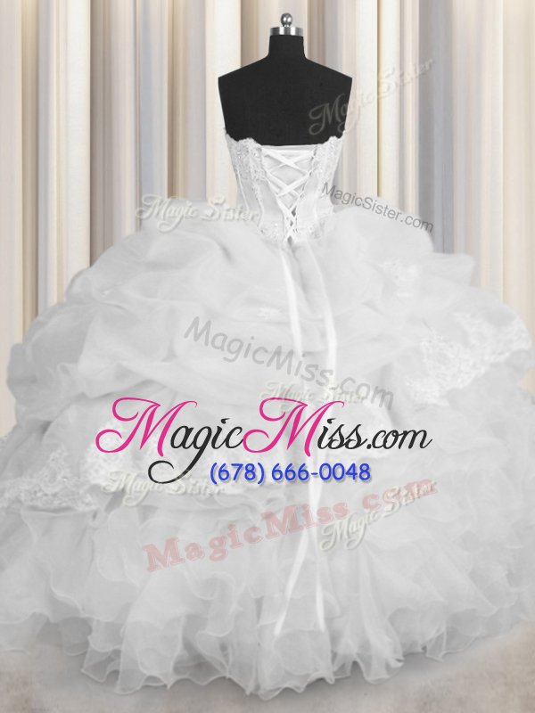 wholesale discount white ball gowns organza sweetheart sleeveless beading and appliques and ruffles and pick ups floor length lace up vestidos de quinceanera