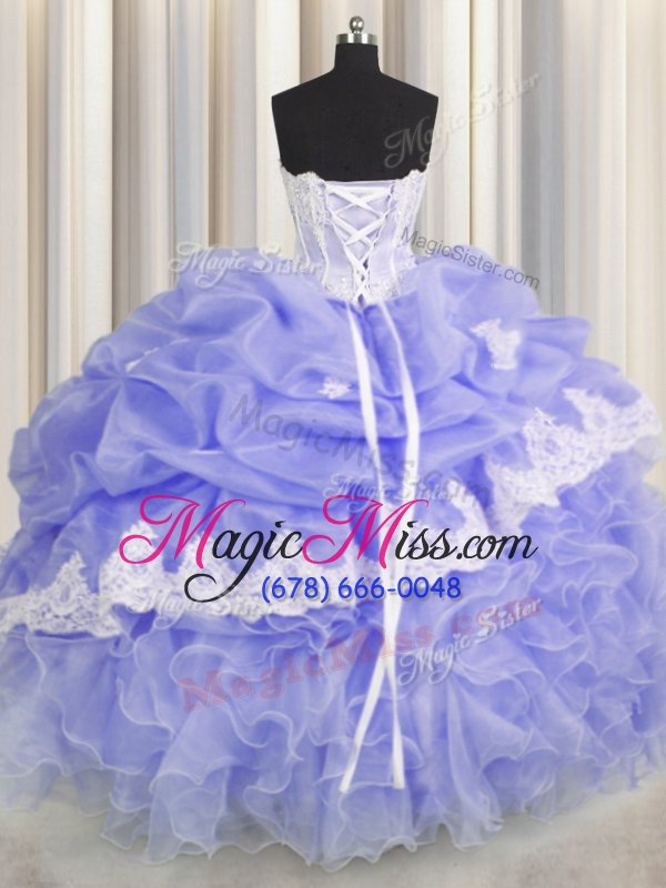 wholesale captivating lavender sleeveless floor length beading and appliques and ruffles and pick ups lace up 15th birthday dress