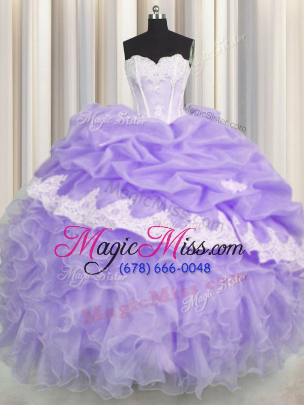 wholesale great lavender sleeveless beading and appliques and ruffles and pick ups floor length quince ball gowns