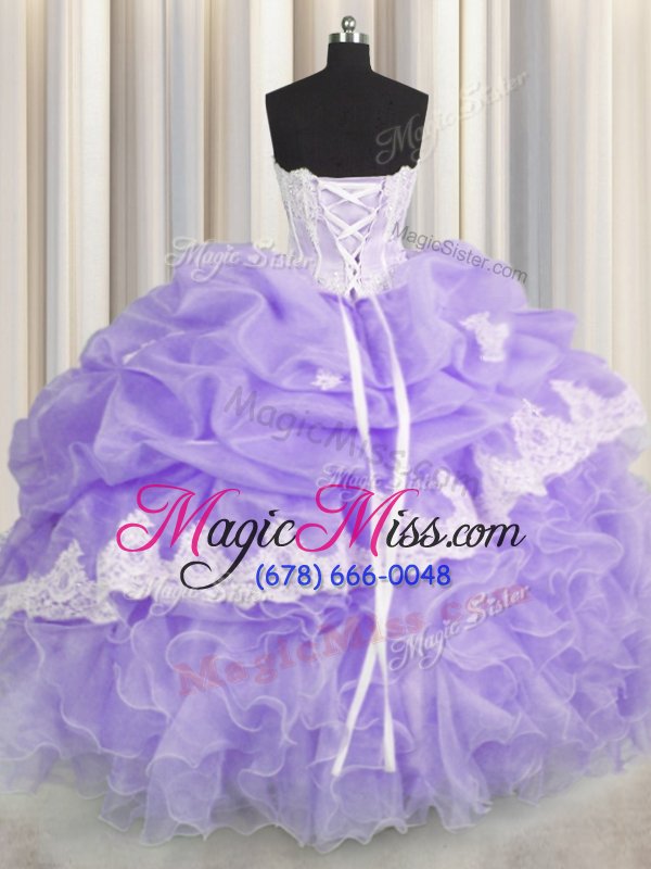 wholesale great lavender sleeveless beading and appliques and ruffles and pick ups floor length quince ball gowns