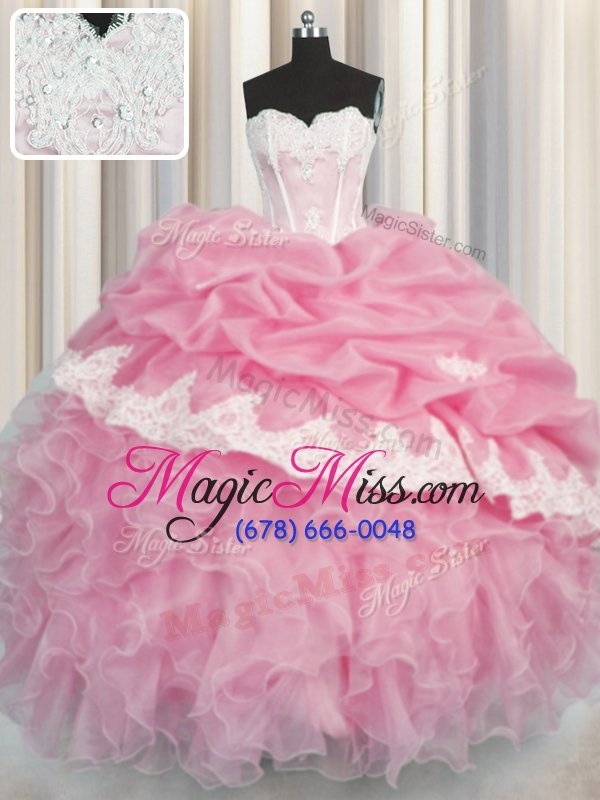 wholesale flirting organza sleeveless floor length sweet 16 dress and beading and appliques and ruffles and pick ups