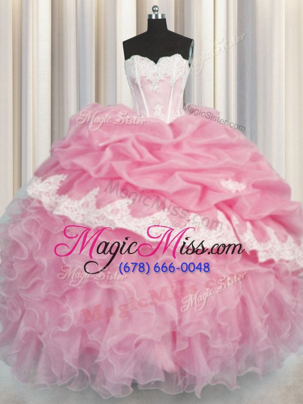 wholesale flirting organza sleeveless floor length sweet 16 dress and beading and appliques and ruffles and pick ups