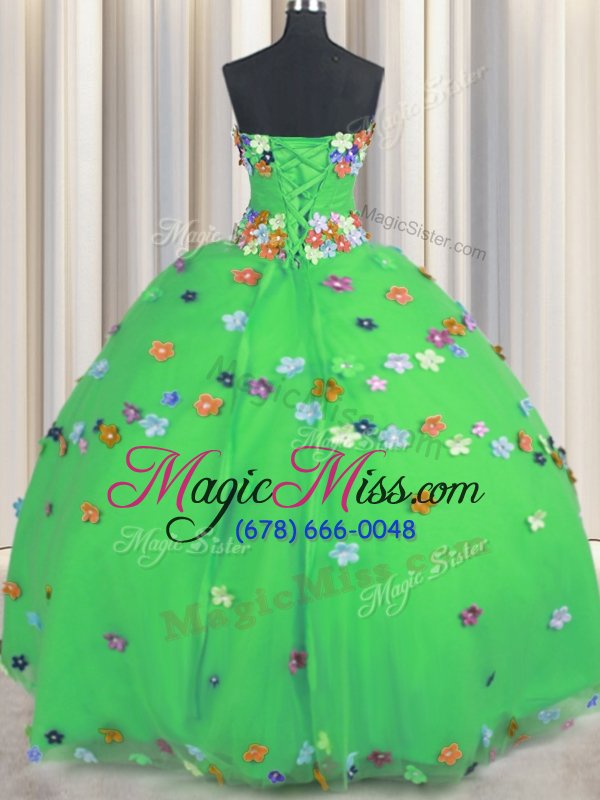 wholesale tulle strapless sleeveless lace up hand made flower quinceanera dress in green