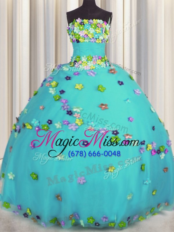 wholesale graceful sleeveless tulle floor length lace up vestidos de quinceanera in aqua blue for with hand made flower