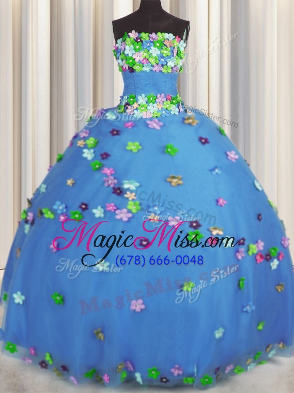 wholesale eye-catching blue quinceanera gowns military ball and sweet 16 and quinceanera and for with hand made flower strapless sleeveless lace up