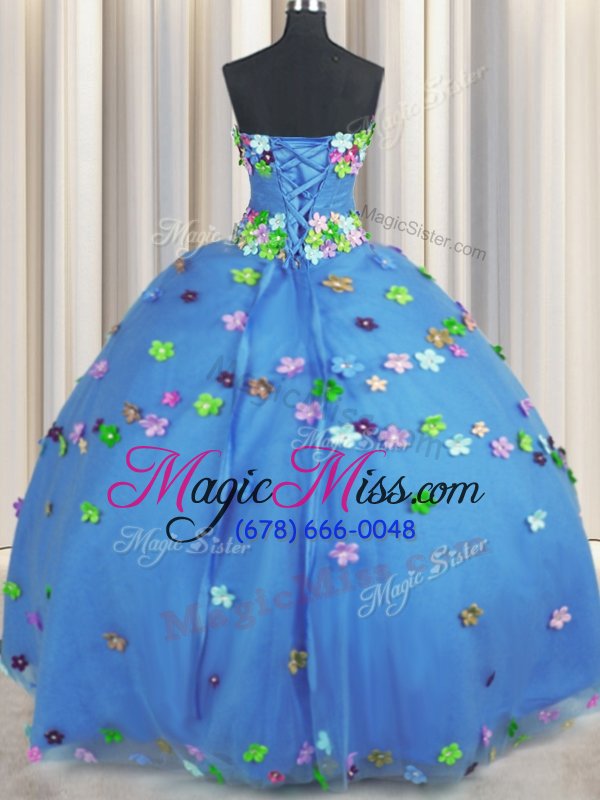 wholesale eye-catching blue quinceanera gowns military ball and sweet 16 and quinceanera and for with hand made flower strapless sleeveless lace up