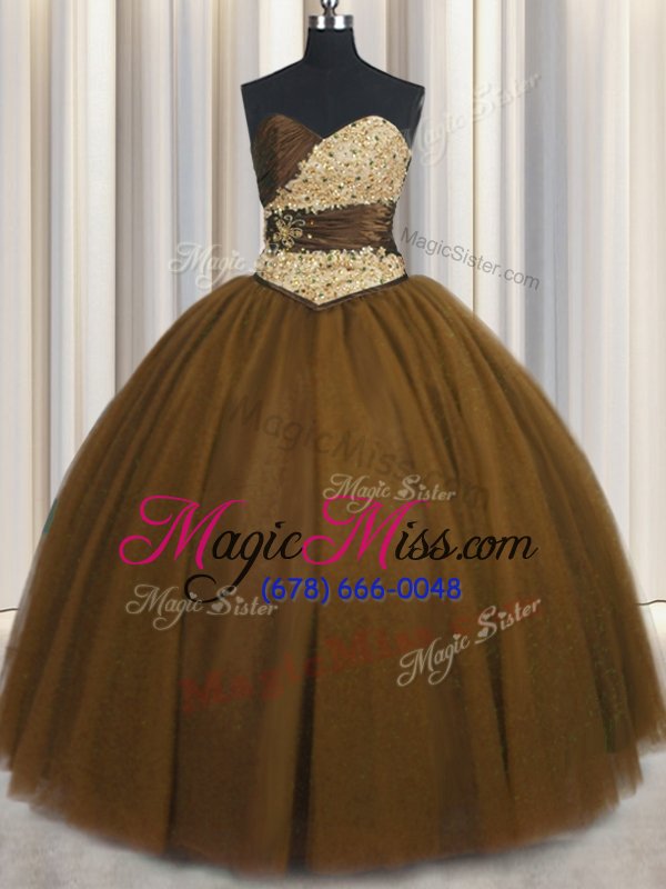 wholesale high class brown sweetheart neckline beading and appliques and ruching and belt ball gown prom dress sleeveless lace up