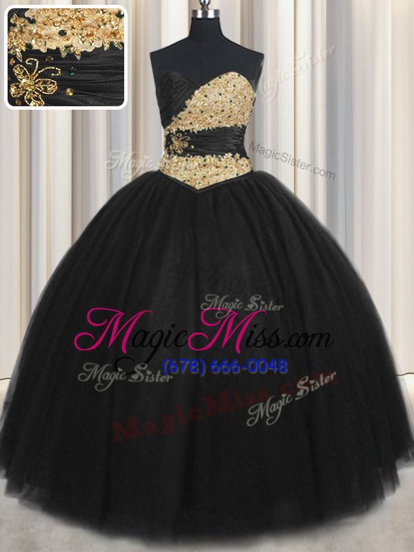 wholesale lovely floor length black quinceanera dresses tulle sleeveless beading and appliques and ruching and belt