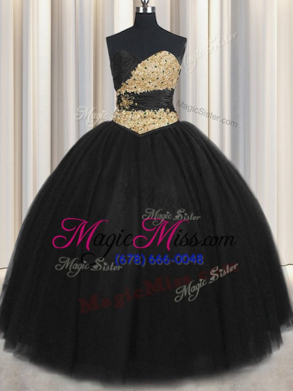 wholesale lovely floor length black quinceanera dresses tulle sleeveless beading and appliques and ruching and belt