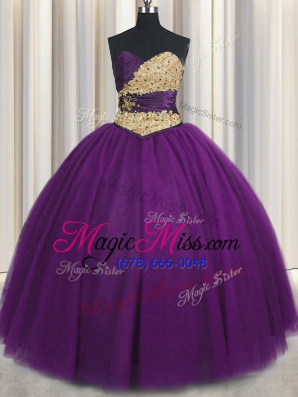 wholesale spectacular purple ball gowns sweetheart sleeveless tulle floor length lace up beading and appliques sweet 16 dress