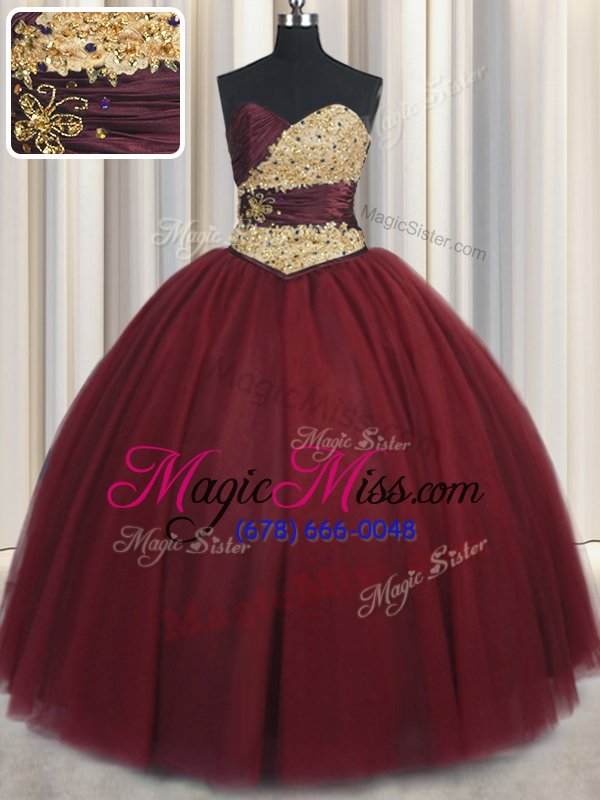 wholesale graceful floor length wine red sweet 16 dresses tulle sleeveless beading and appliques
