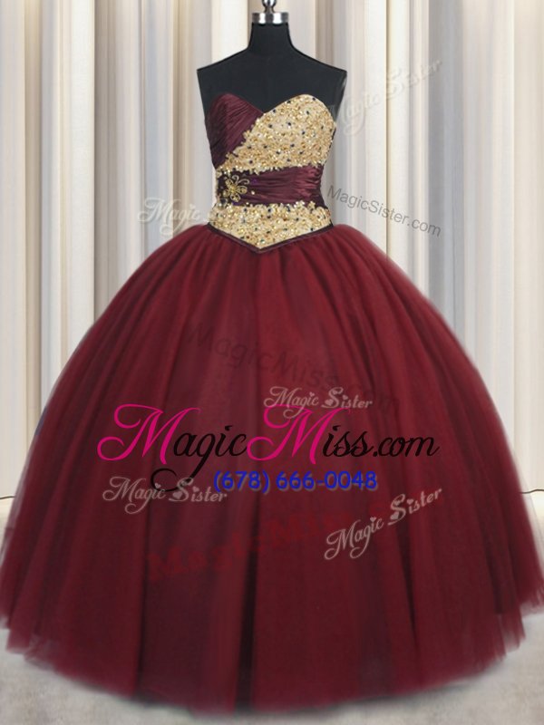 wholesale graceful floor length wine red sweet 16 dresses tulle sleeveless beading and appliques