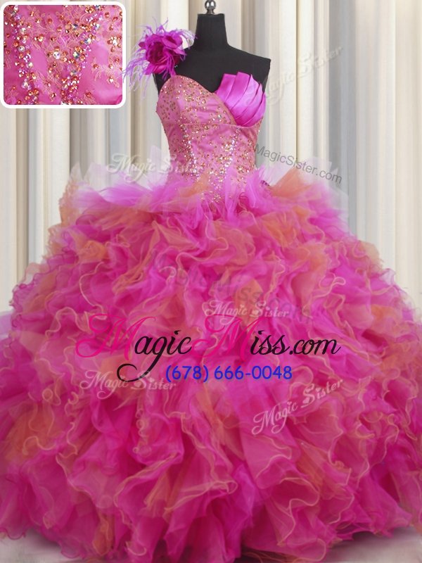 wholesale glittering one shoulder handcrafted flower multi-color sleeveless tulle lace up quinceanera gowns for military ball and sweet 16 and quinceanera