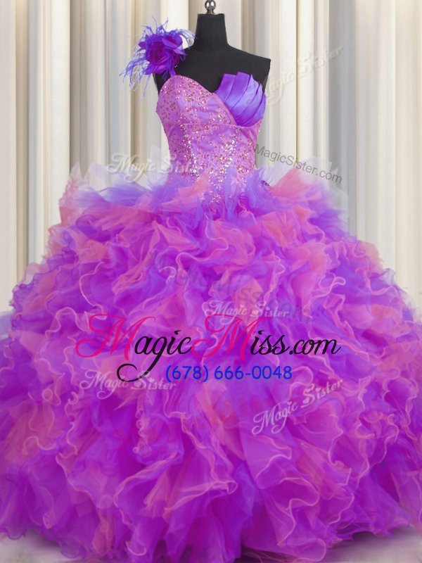 wholesale custom designed handcrafted flower one shoulder sleeveless quinceanera dress floor length beading and ruffles and hand made flower multi-color tulle