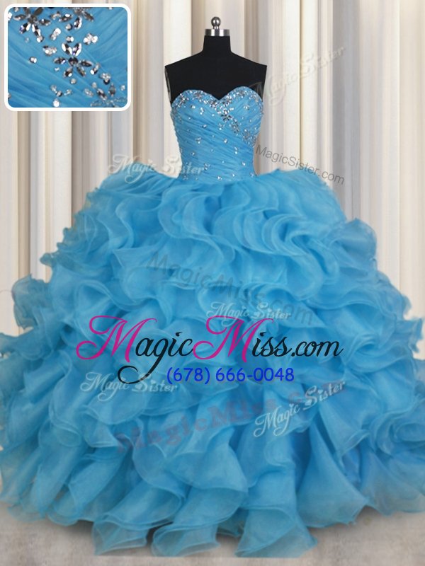 wholesale modern sleeveless organza floor length lace up quince ball gowns in baby blue for with beading and ruffles