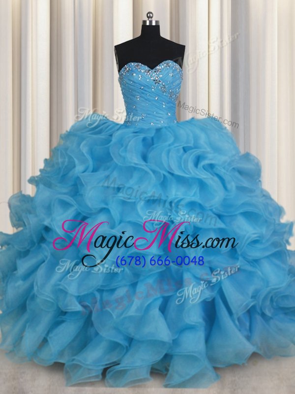 wholesale modern sleeveless organza floor length lace up quince ball gowns in baby blue for with beading and ruffles