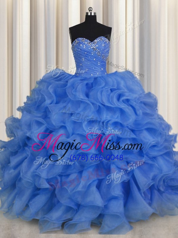 wholesale fancy aqua blue organza lace up sweetheart sleeveless floor length quinceanera dresses beading and ruffles