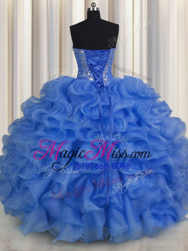 wholesale fancy aqua blue organza lace up sweetheart sleeveless floor length quinceanera dresses beading and ruffles