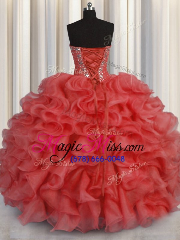wholesale romantic coral red ball gowns sweetheart sleeveless organza floor length lace up beading and ruffles 15th birthday dress