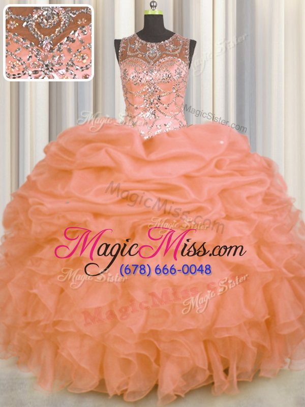 wholesale elegant see through scoop sleeveless quinceanera gown floor length beading and ruffles and pick ups orange organza