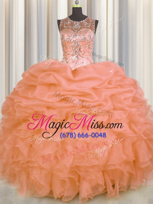 wholesale elegant see through scoop sleeveless quinceanera gown floor length beading and ruffles and pick ups orange organza
