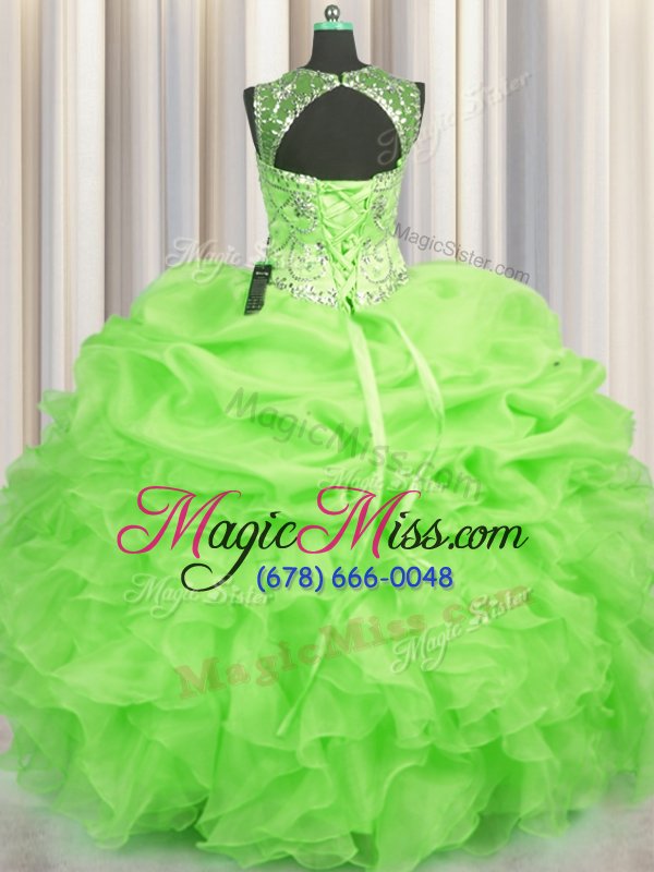 wholesale trendy see through scoop sleeveless lace up sweet 16 dress yellow green organza