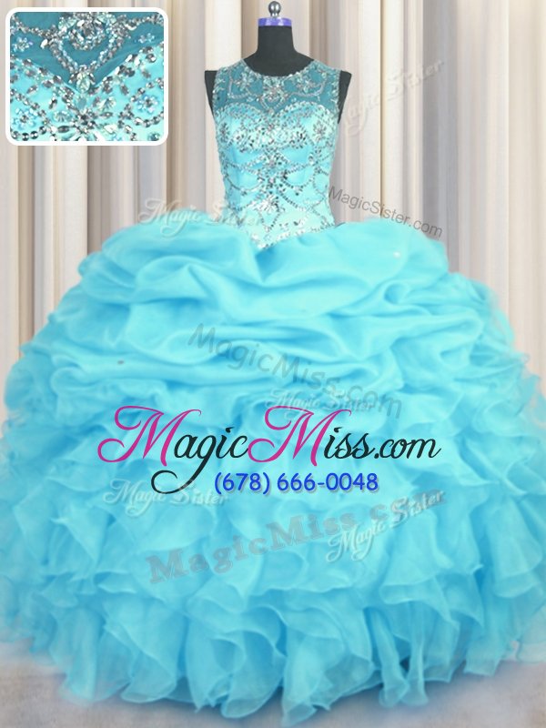 wholesale discount scoop see through beading and ruffles and pick ups 15 quinceanera dress aqua blue lace up sleeveless floor length
